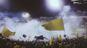 soccer fans with yellow flags